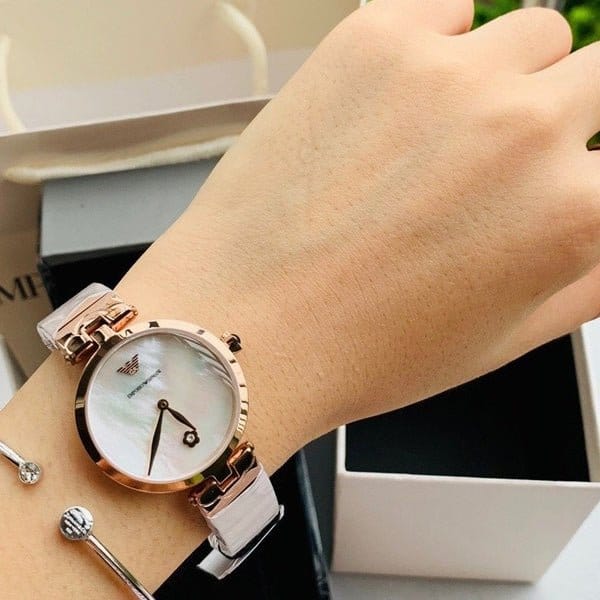 Emporio Armani Arianna White Mother of Pearl Dial Rose Gold Steel Strap Watch For Women - AR11236