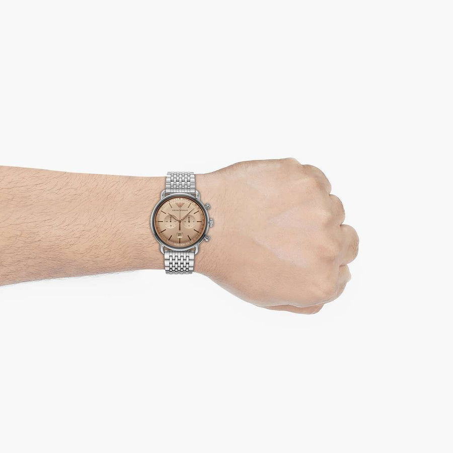Emporio Armani Aviator Chronograph Beige Dial Silver Steel Strap Watch For Men - AR11239