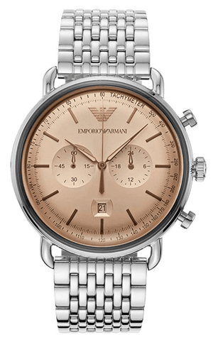 Emporio Armani Aviator Chronograph Beige Dial Silver Steel Strap Watch For Men - AR11239
