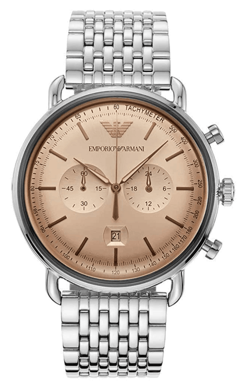 Emporio Armani Aviator Chronograph Beige Dial Silver Steel Strap Watch For Men - AR11239