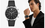 Emporio Armani Aviator Chronograph Black Dial Black Leather Strap Watch For Men - AR11143
