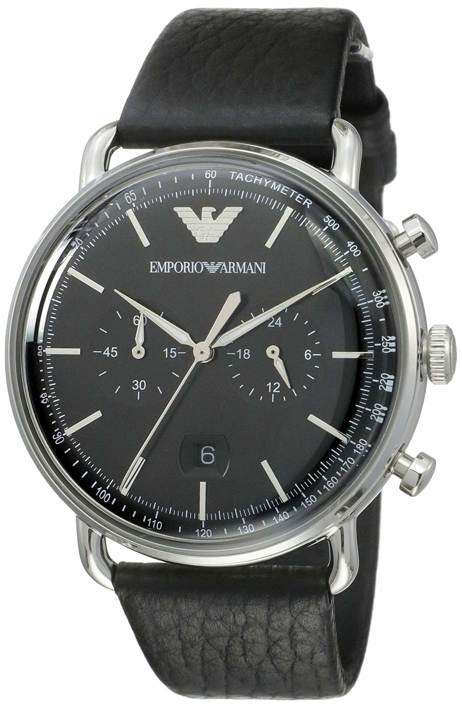 Emporio Armani Aviator Chronograph Black Dial Black Leather Strap Watch For Men - AR11143