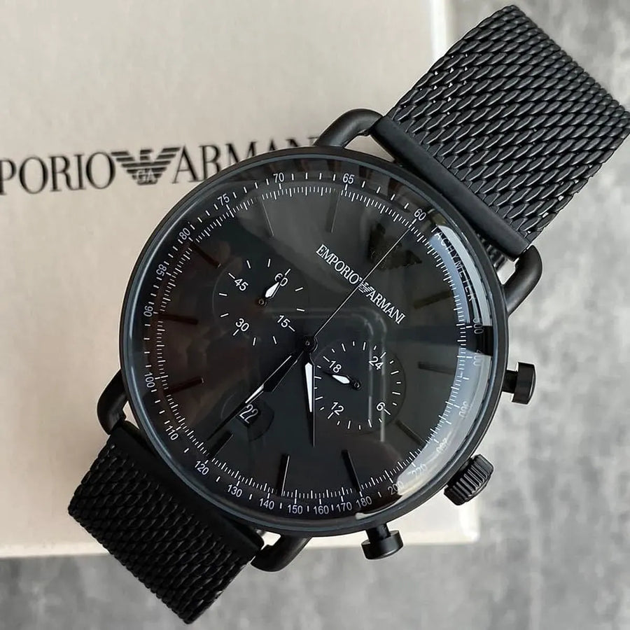 Emporio Armani Aviator Chronograph Black Dial Black Mesh Bracelet Watch For Men - AR11264