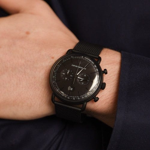 Emporio Armani Aviator Chronograph Black Dial Black Mesh Bracelet Watch For Men - AR11264