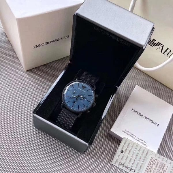 Emporio Armani Aviator Chronograph Blue Dial Black Mesh Bracelet Watch For Men - AR11201