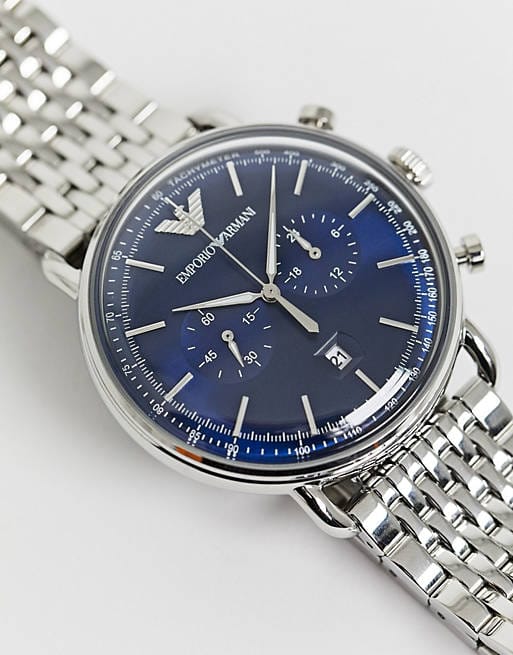 Emporio Armani Aviator Chronograph Blue Dial Silver Steel Strap Watch For Men - AR11238