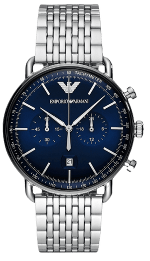 Emporio Armani Aviator Chronograph Blue Dial Silver Steel Strap Watch For Men - AR11238