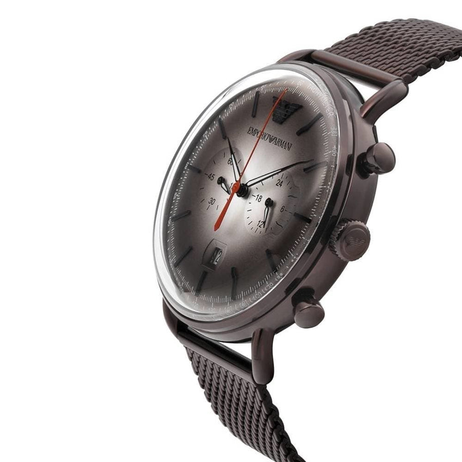 Emporio Armani Aviator Chronograph Grey Dial Brown Mesh Bracelet Watch For Men - AR11169