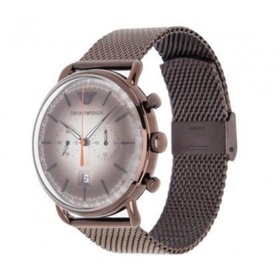 Emporio Armani Aviator Chronograph Grey Dial Brown Mesh Bracelet Watch For Men - AR11169