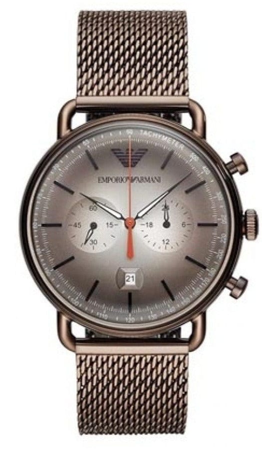 Emporio Armani Aviator Chronograph Grey Dial Brown Mesh Bracelet Watch For Men - AR11169