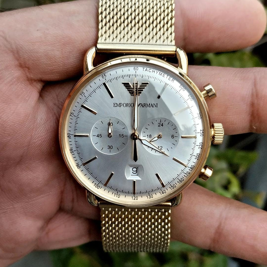 Emporio Armani Aviator Chronograph Quartz Beige Dial Gold Mesh Bracelet Watch For Men - AR11315