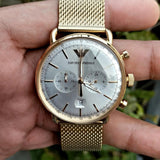 Emporio Armani Aviator Chronograph Quartz Beige Dial Gold Mesh Bracelet Watch For Men - AR11315