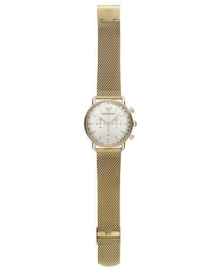 Emporio Armani Aviator Chronograph Quartz Beige Dial Gold Mesh Bracelet Watch For Men - AR11315