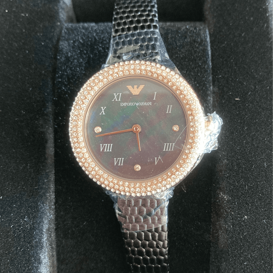 Emporio Armani Aviator Crystals Mother of Pearl Black Dial Black Silicon Strap Watch For Women - AR11373