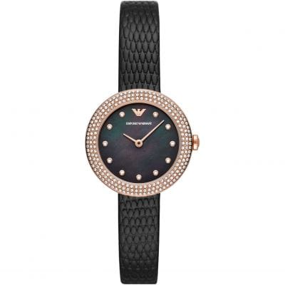 Emporio Armani Aviator Crystals Mother of Pearl Black Dial Black Silicon Strap Watch For Women - AR11373