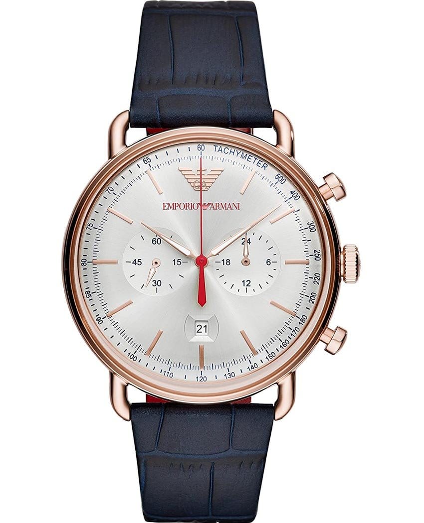 Emporio Armani Aviator Silver Dial Blue Leather Strap Watch For Men - AR11123