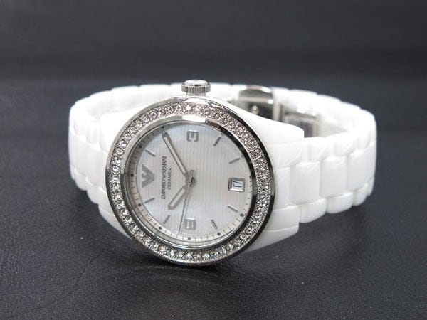 Emporio Armani Ceramica White Mother of Pearl Dial Stainless Steel Strap Watch For Women - AR1426