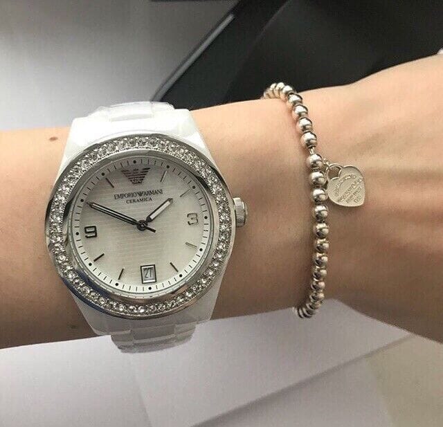 Emporio Armani Ceramica White Mother of Pearl Dial Stainless Steel Strap Watch For Women - AR1426