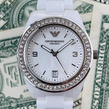 Emporio Armani Ceramica White Mother of Pearl Dial Stainless Steel Strap Watch For Women - AR1426