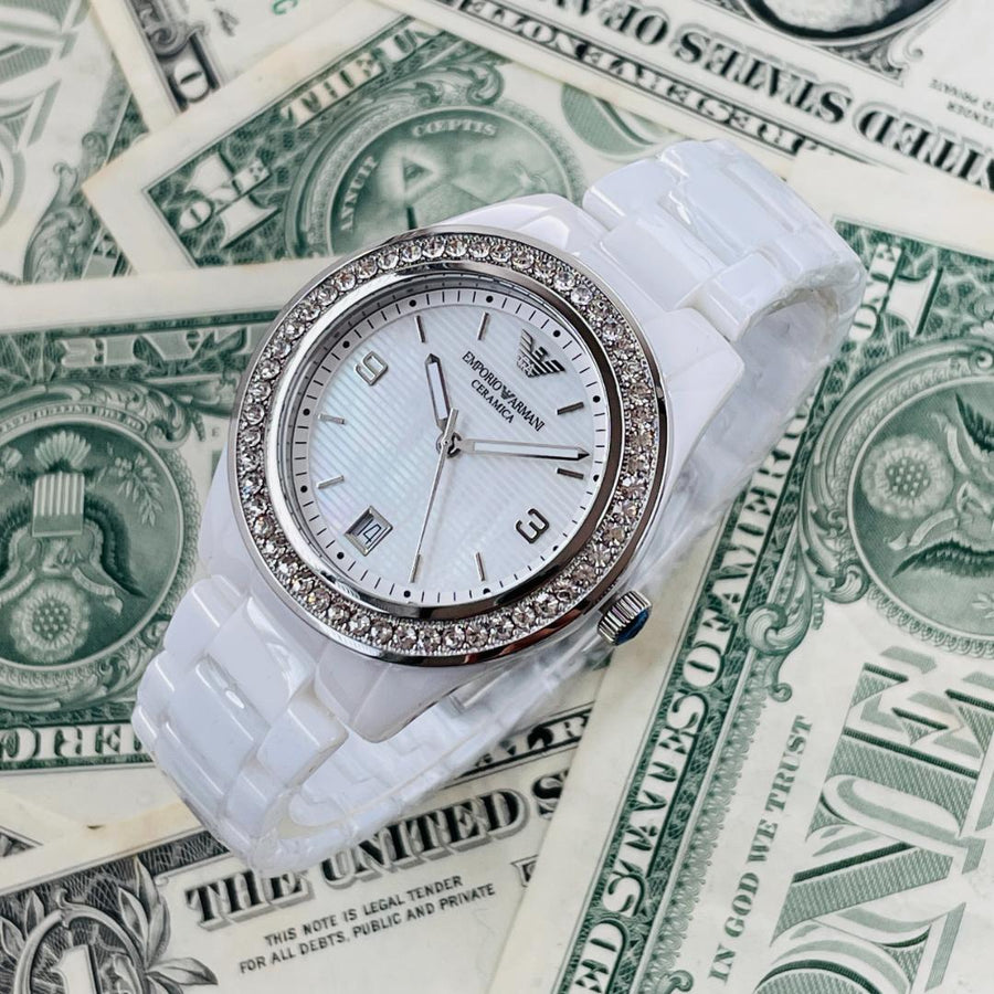 Emporio Armani Ceramica White Mother of Pearl Dial Stainless Steel Strap Watch For Women - AR1426