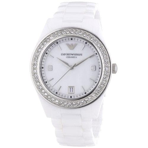 Emporio Armani Ceramica White Mother of Pearl Dial Stainless Steel Strap Watch For Women - AR1426