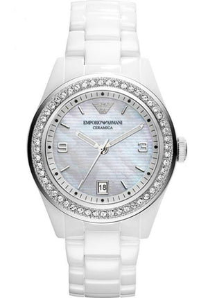 Emporio Armani Ceramica White Mother of Pearl Dial Stainless Steel Strap Watch For Women - AR1426