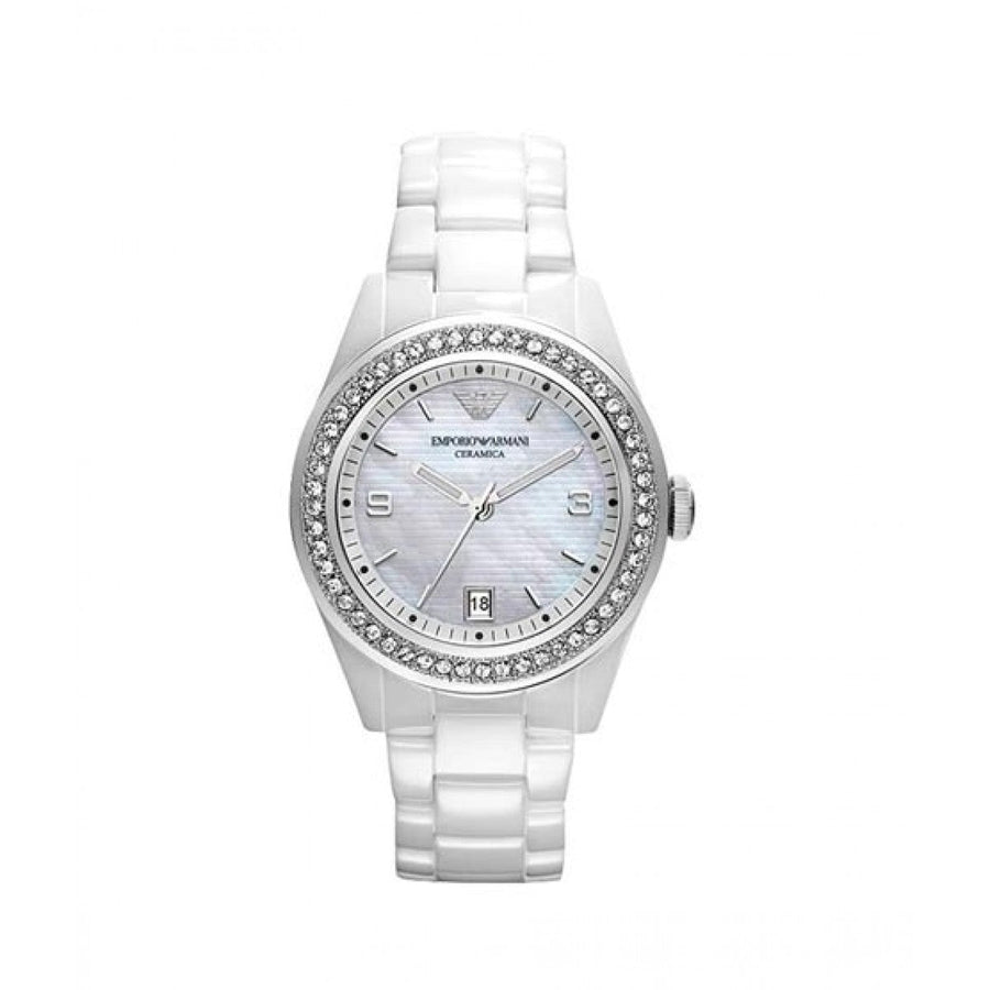 Emporio Armani Ceramica White Mother of Pearl Dial Stainless Steel Strap Watch For Women - AR1426