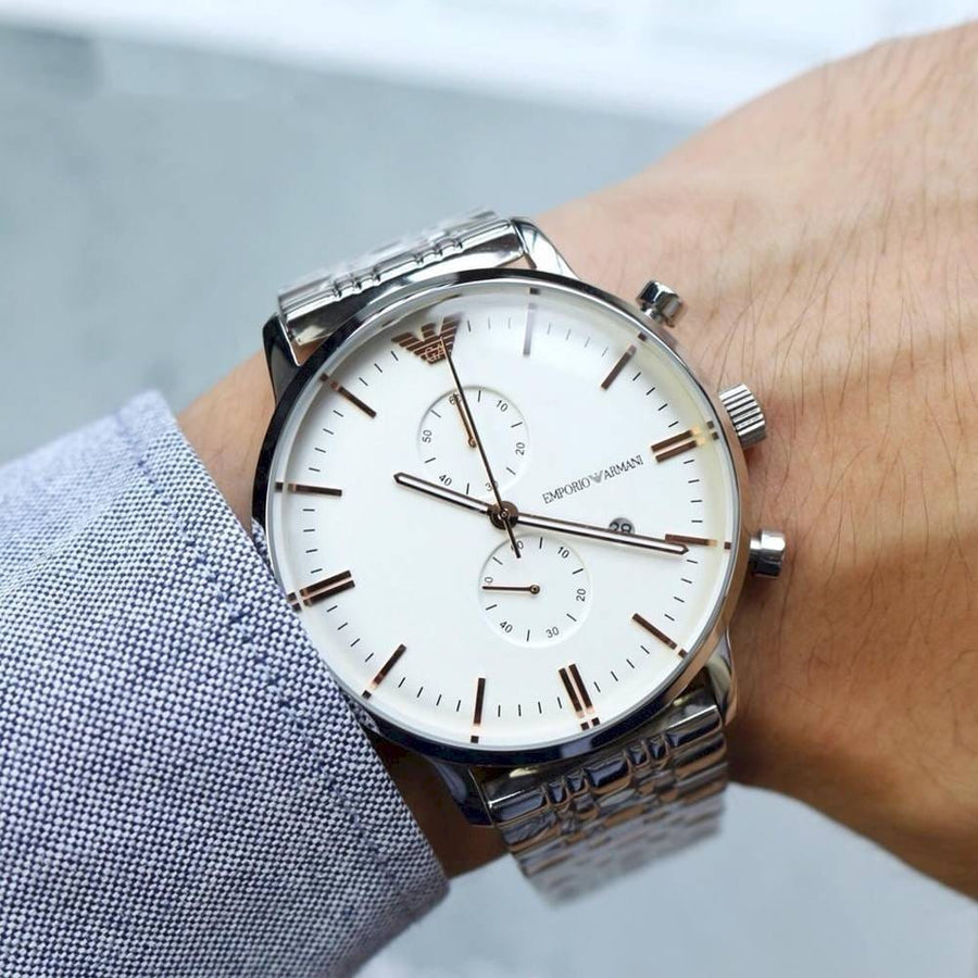 Emporio Armani Chonograph SIlver Dial Silver Steel Strap Watch For Men - AR1933