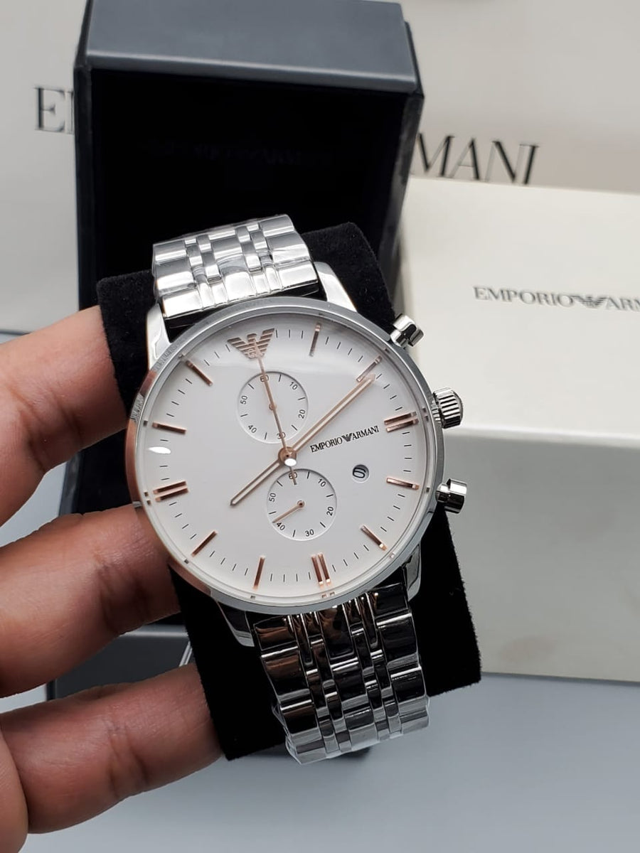 Emporio Armani Chonograph SIlver Dial Silver Steel Strap Watch For Men - AR1933