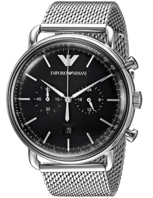 Emporio Armani Chronograph Black Dial Silver Mesh Bracelet Watch For Men - AR11104
