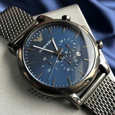 Emporio Armani Chronograph Blue Dial Gun Metallic Mesh Bracelet Watch For Men - AR1979
