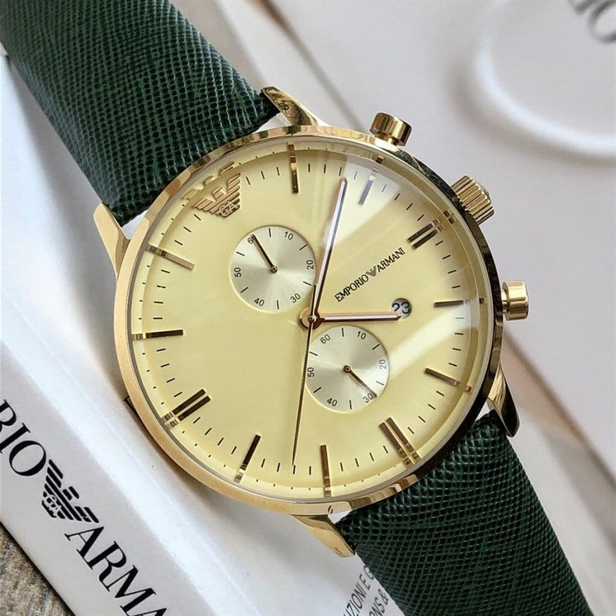 Emporio Armani Chronograph Champagne Dial Green Leather Strap Watch For Men - AR1722