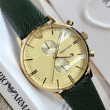 Emporio Armani Chronograph Champagne Dial Green Leather Strap Watch For Men - AR1722