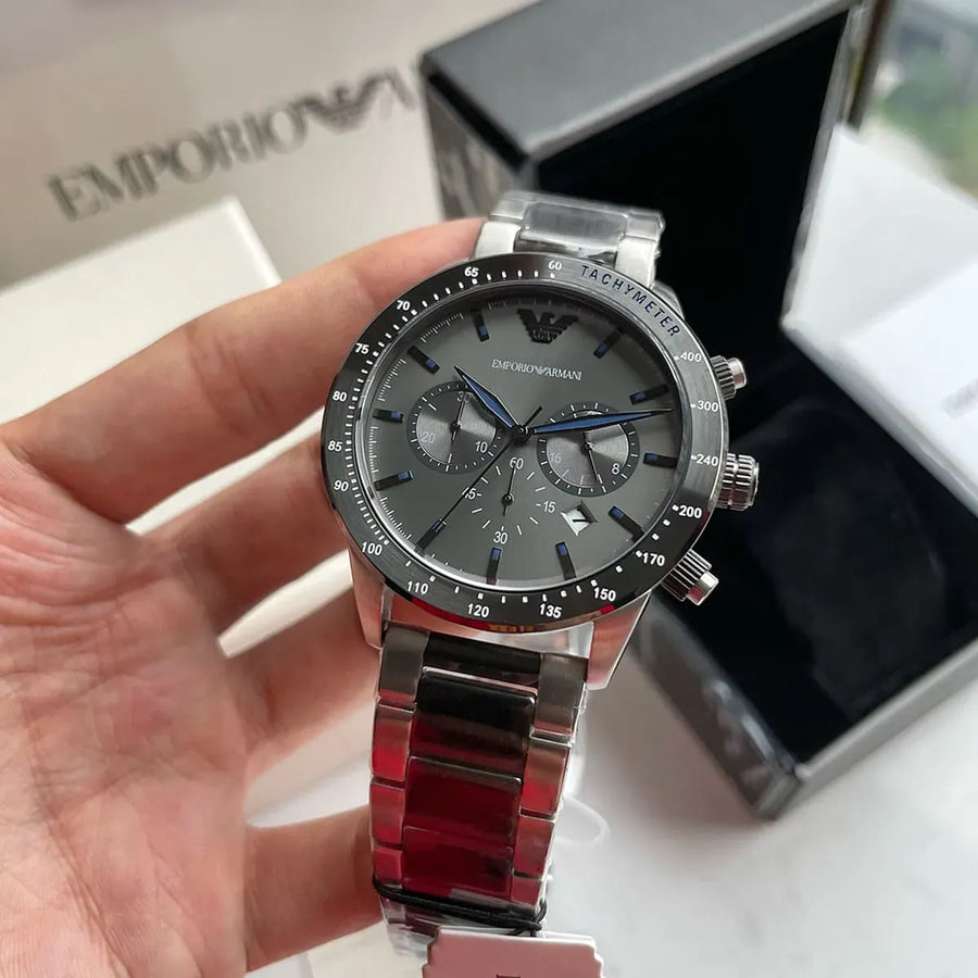 Emporio Armani Chronograph Grey Dial Two Tone Steel Strap Watch For Men - AR11391