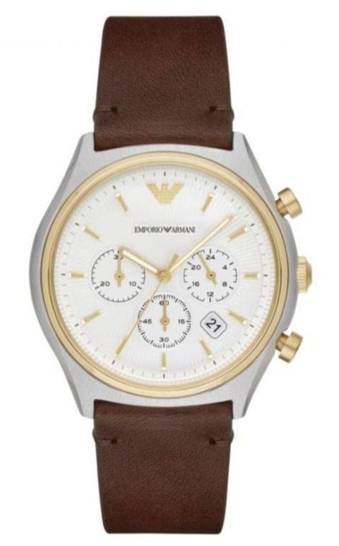 Emporio Armani Chronograph White Dial Brown Leather Strap Watch For Men - AR11033