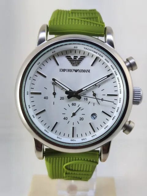 Emporio Armani Chronograph White Dial Green Rubber Strap Watch For Men - AR11022