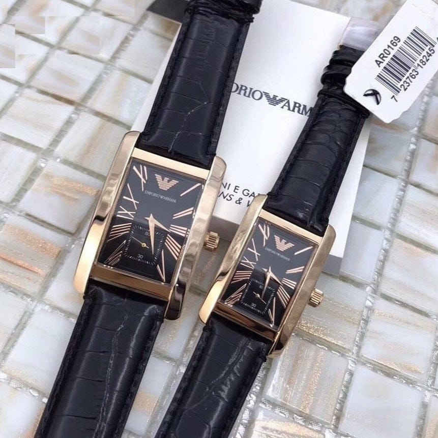 Emporio Armani Classic Black & Rose Gold Dial Black Leather Strap Watch For Men - AR0168