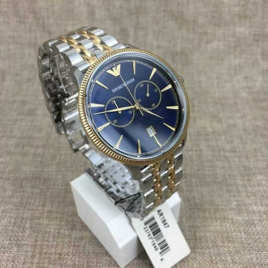 Emporio Armani Classic Blue Dial Two Tone Steel Strap Watch For Men - AR1847
