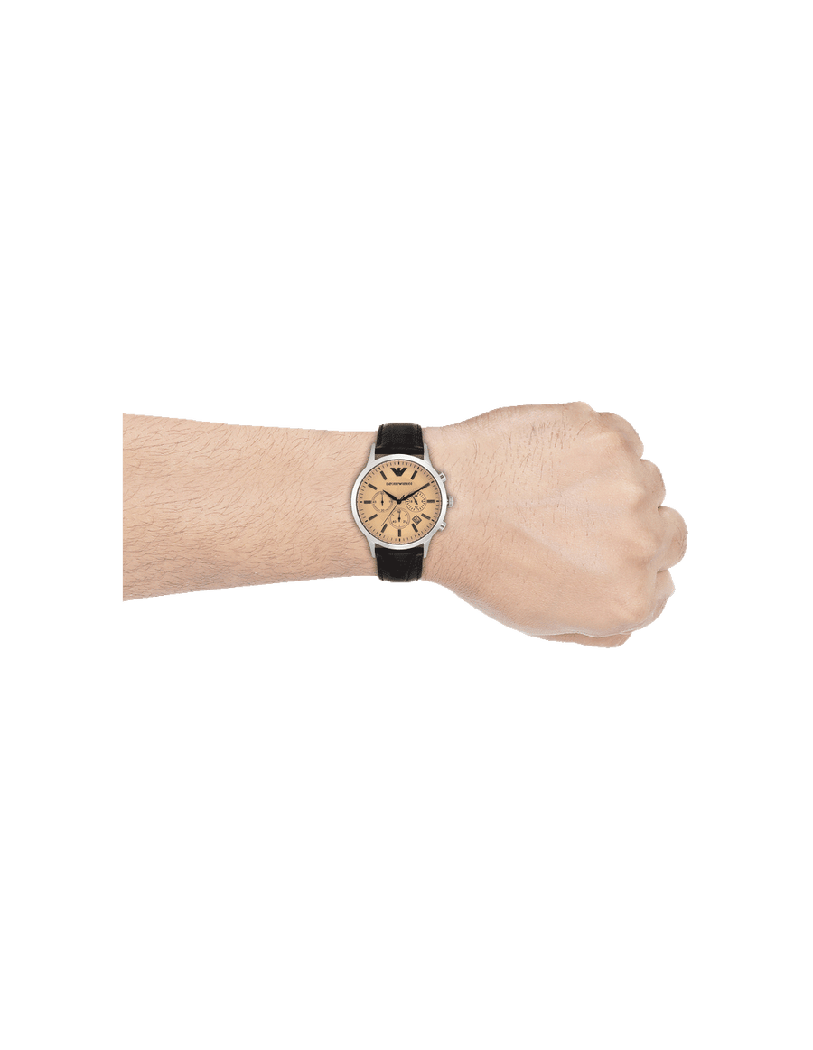 Emporio Armani Classic Chronograph Beige Dial Brown Leather Strap Watch For Men - AR2433