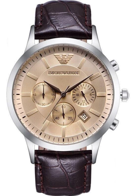 Emporio Armani Classic Chronograph Beige Dial Brown Leather Strap Watch For Men - AR2433