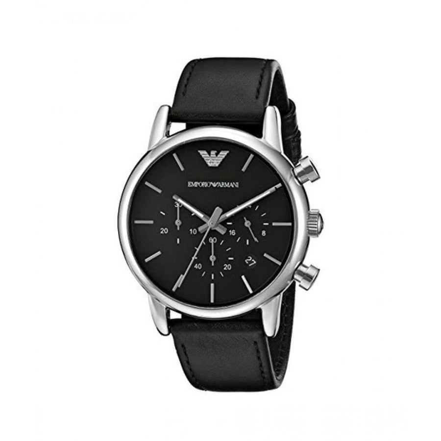Emporio Armani Classic Chronograph Black Dial Black Leather Strap Watch For Men - AR1733