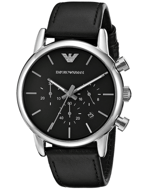 Emporio Armani Classic Chronograph Black Dial Black Leather Strap Watch For Men - AR1733