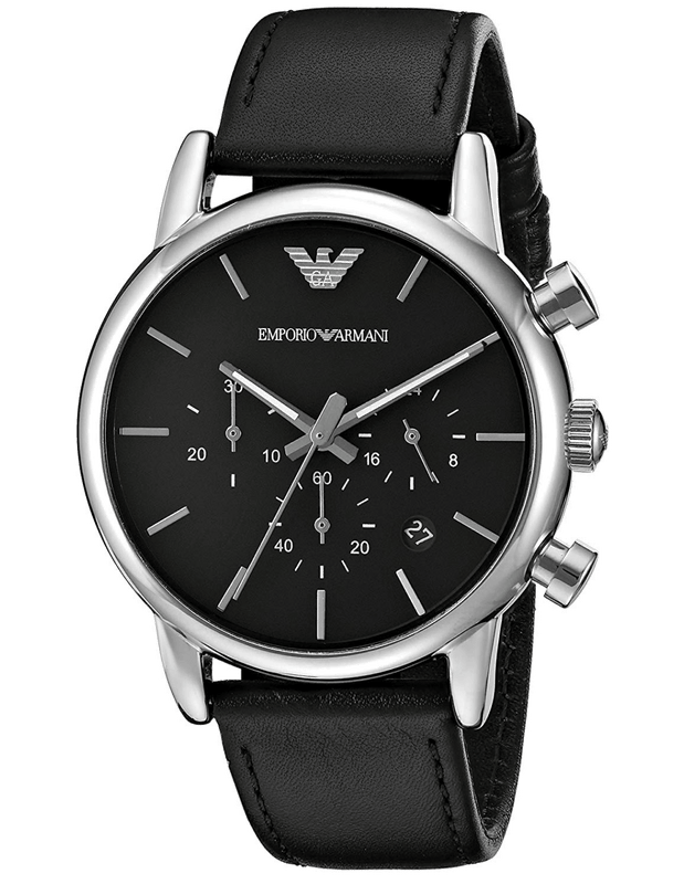 Emporio Armani Classic Chronograph Black Dial Black Leather Strap Watch For Men - AR1733