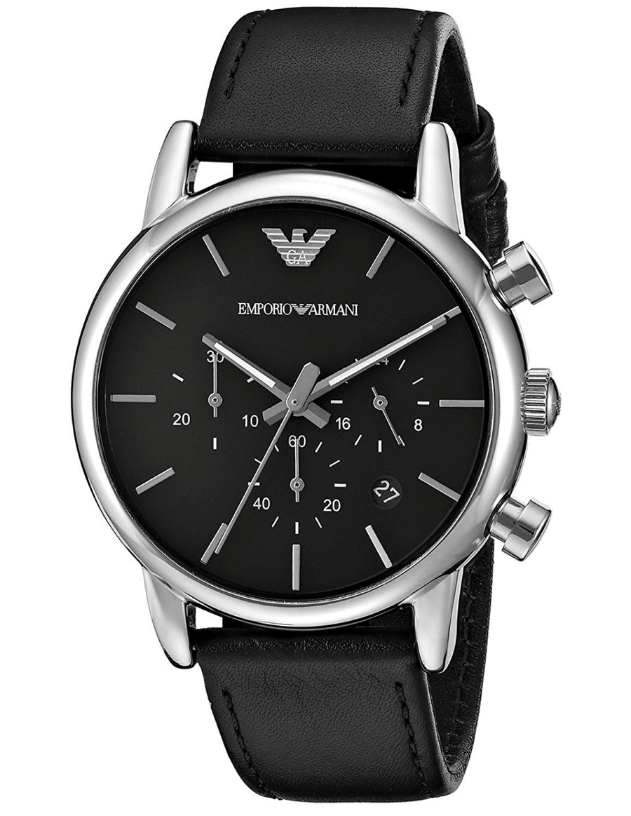 Emporio Armani Classic Chronograph Black Dial Black Leather Strap Watch For Men - AR1733