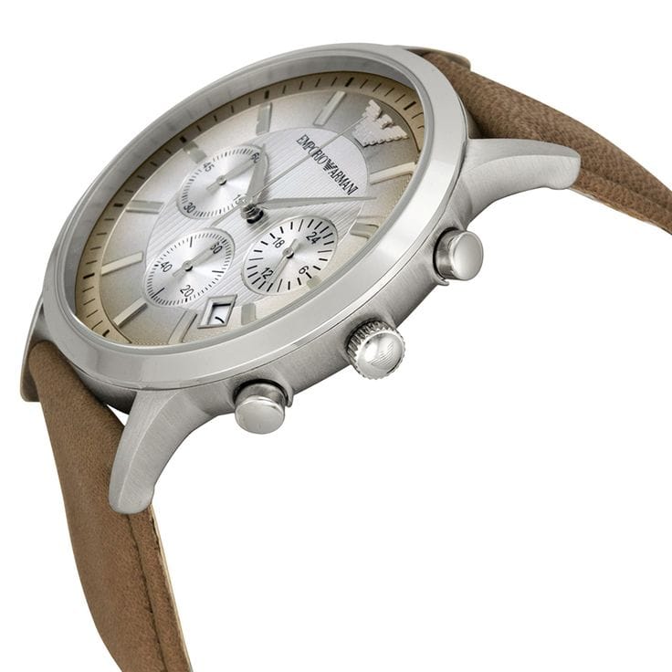 Emporio Armani Classic Chronograph Silver Dial Brown Leather Strap Watch For Men - AR2471