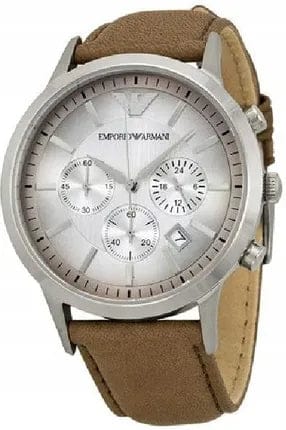 Emporio Armani Classic Chronograph Silver Dial Brown Leather Strap Watch For Men - AR2471
