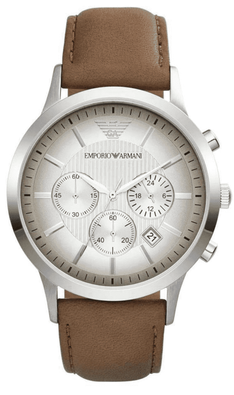 Emporio Armani Classic Chronograph Silver Dial Brown Leather Strap Watch For Men - AR2471