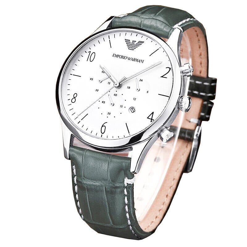Emporio Armani Classic Chronograph Silver Dial Grey Leather Strap Watch For Men - AR1861