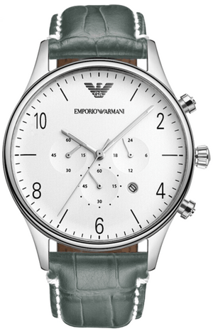 Emporio Armani Classic Chronograph Silver Dial Grey Leather Strap Watch For Men - AR1861
