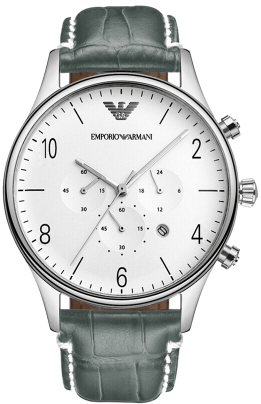 Emporio Armani Classic Chronograph Silver Dial Grey Leather Strap Watch For Men - AR1861
